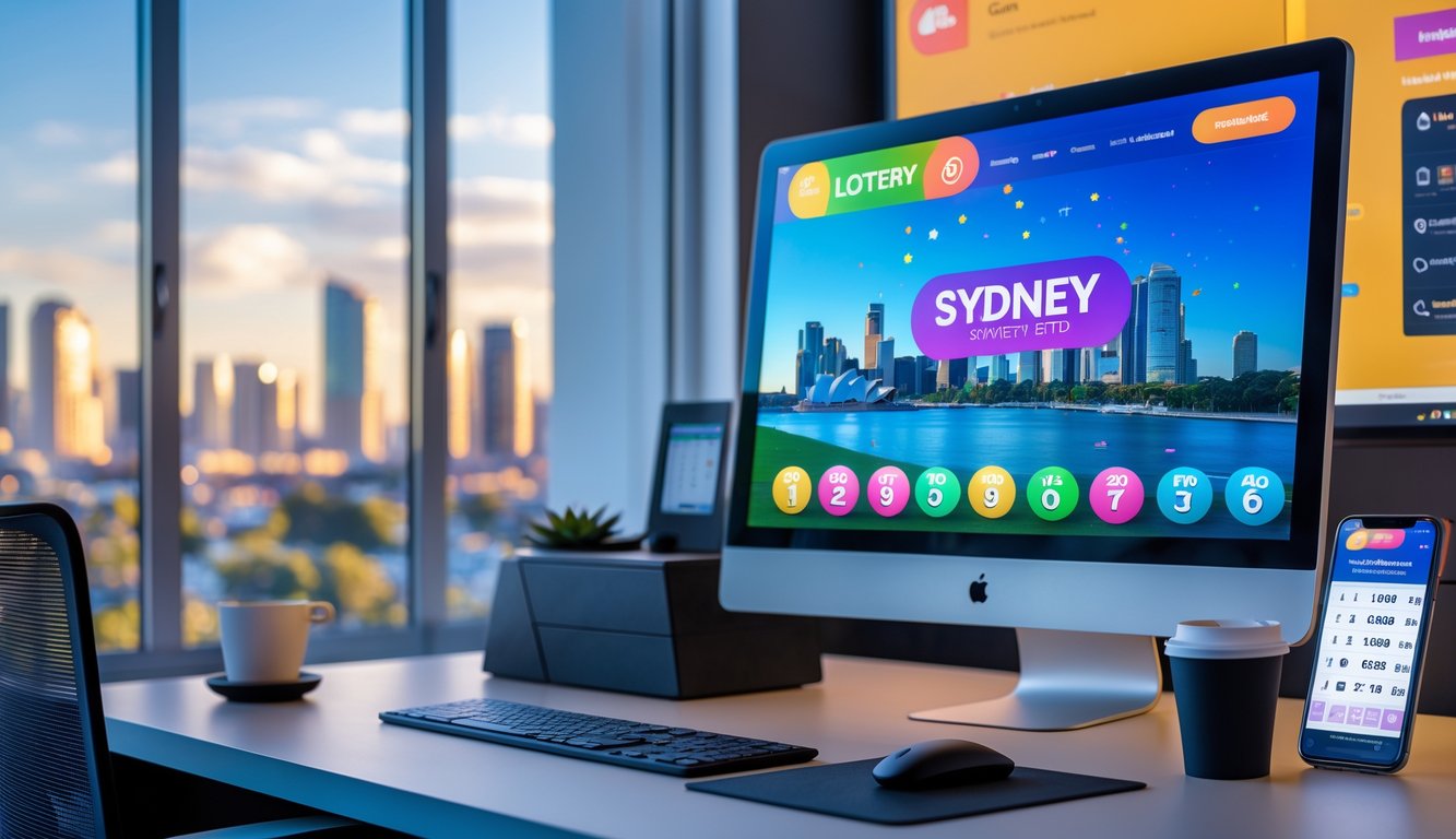 Meja kerja modern dengan komputer yang menampilkan situs togel online dan pemandangan kota Sydney di latar belakang.