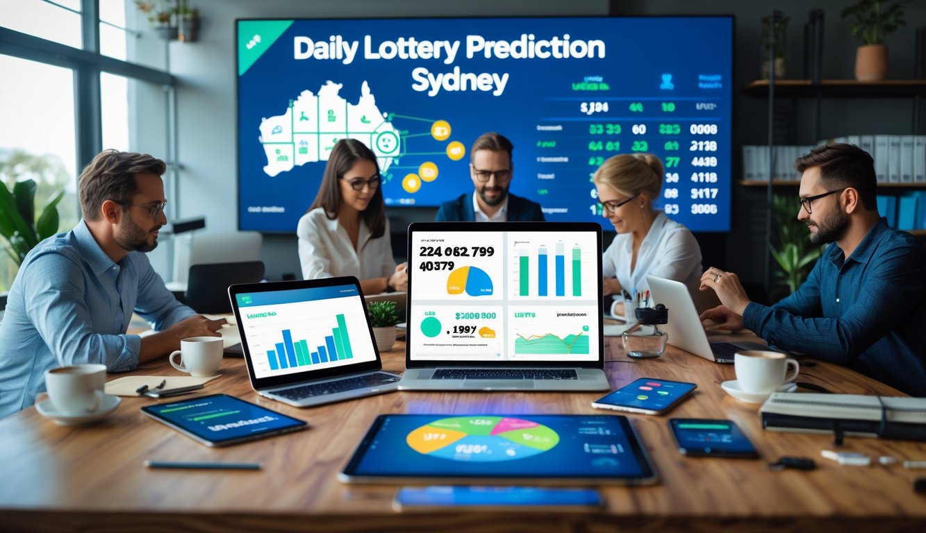 Sekelompok orang bekerja bersama di meja kantor dengan perangkat digital yang menampilkan data dan grafik prediksi togel harian Sydney.