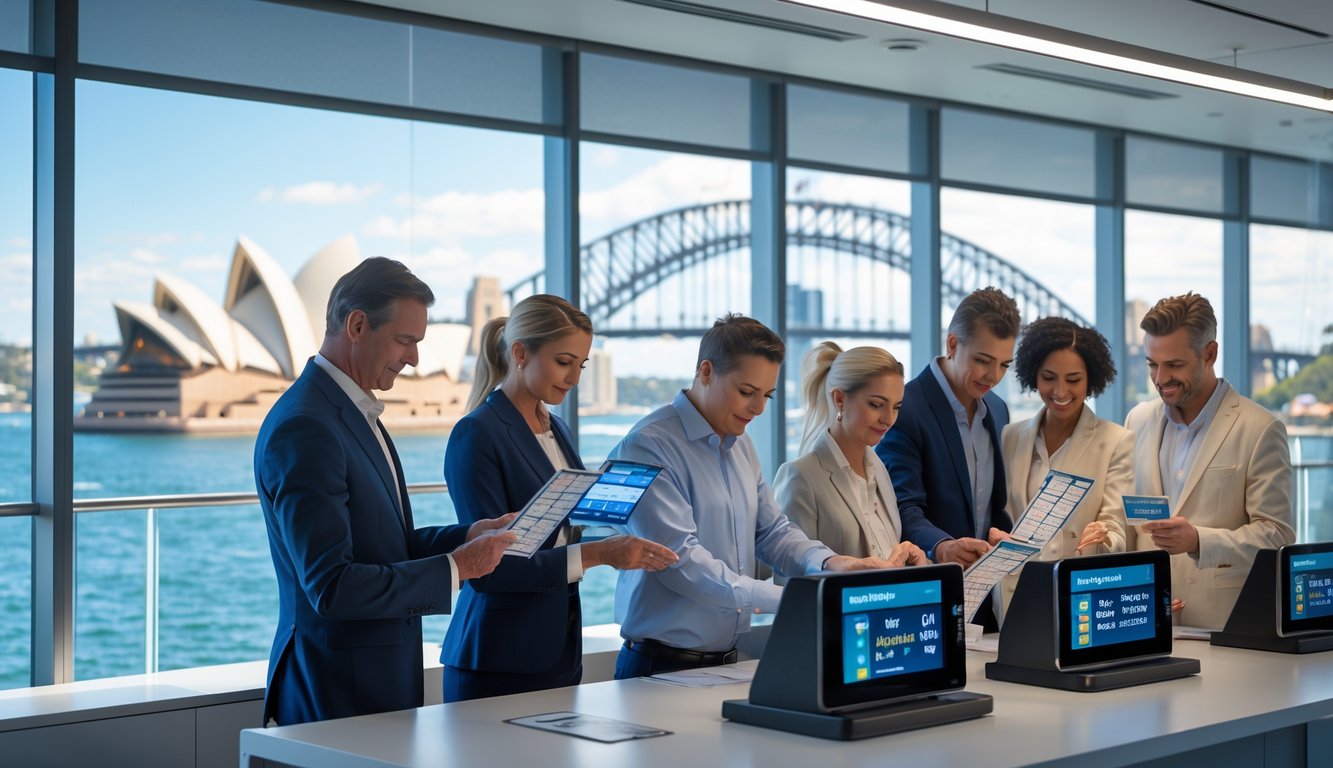 Orang-orang di kantor modern dengan pemandangan kota Sydney di latar belakang sedang melakukan aktivitas terkait togel.