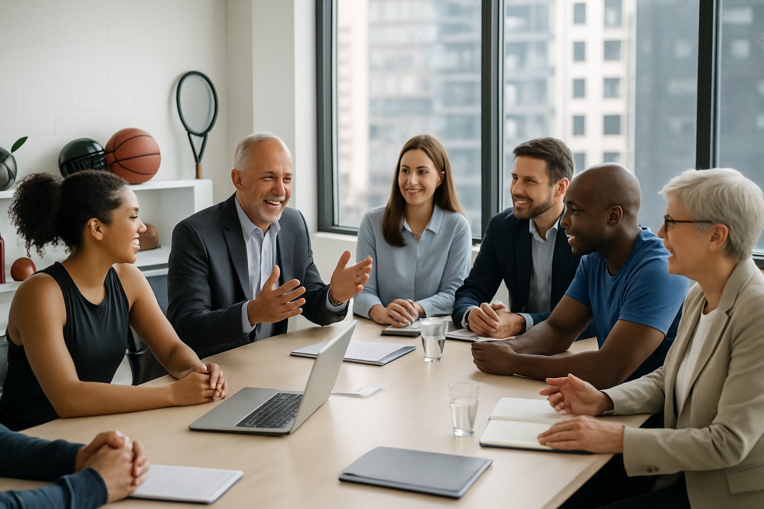A group of retired and current athletes having a meeting around a conference table in a bright office, sharing ideas and engaging in discussion.