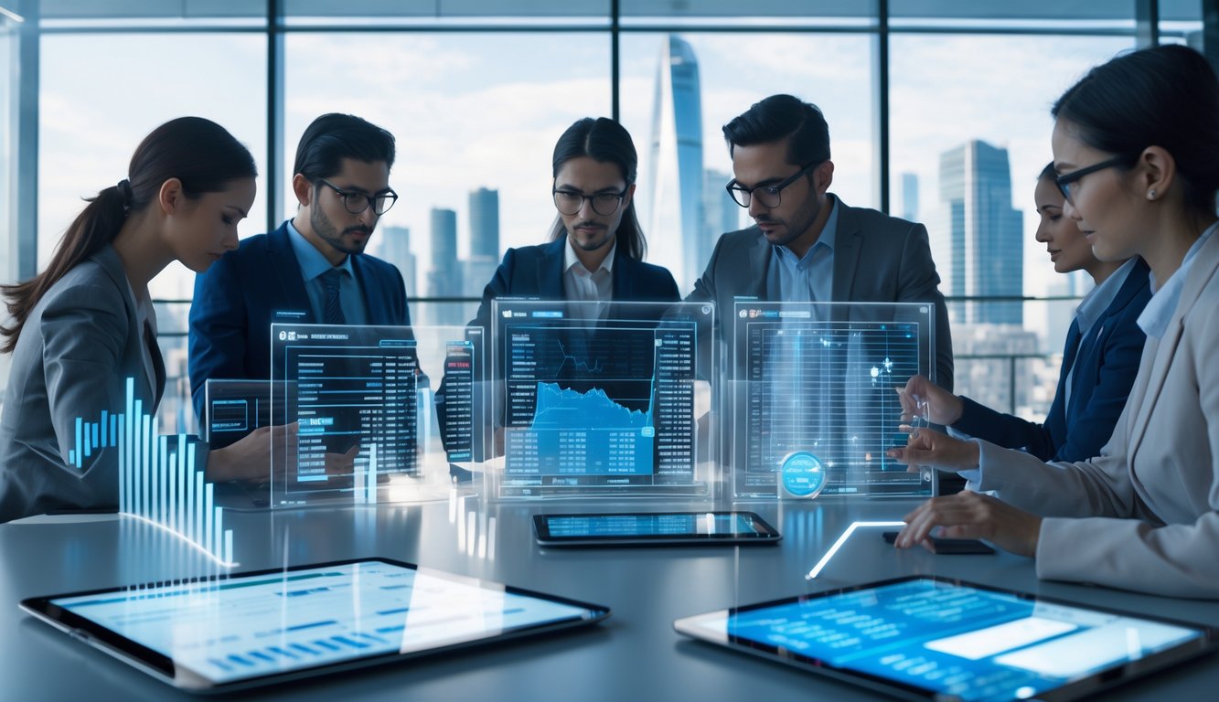 Sekelompok orang sedang menganalisis data dan angka di kantor modern dengan pemandangan kota di latar belakang.