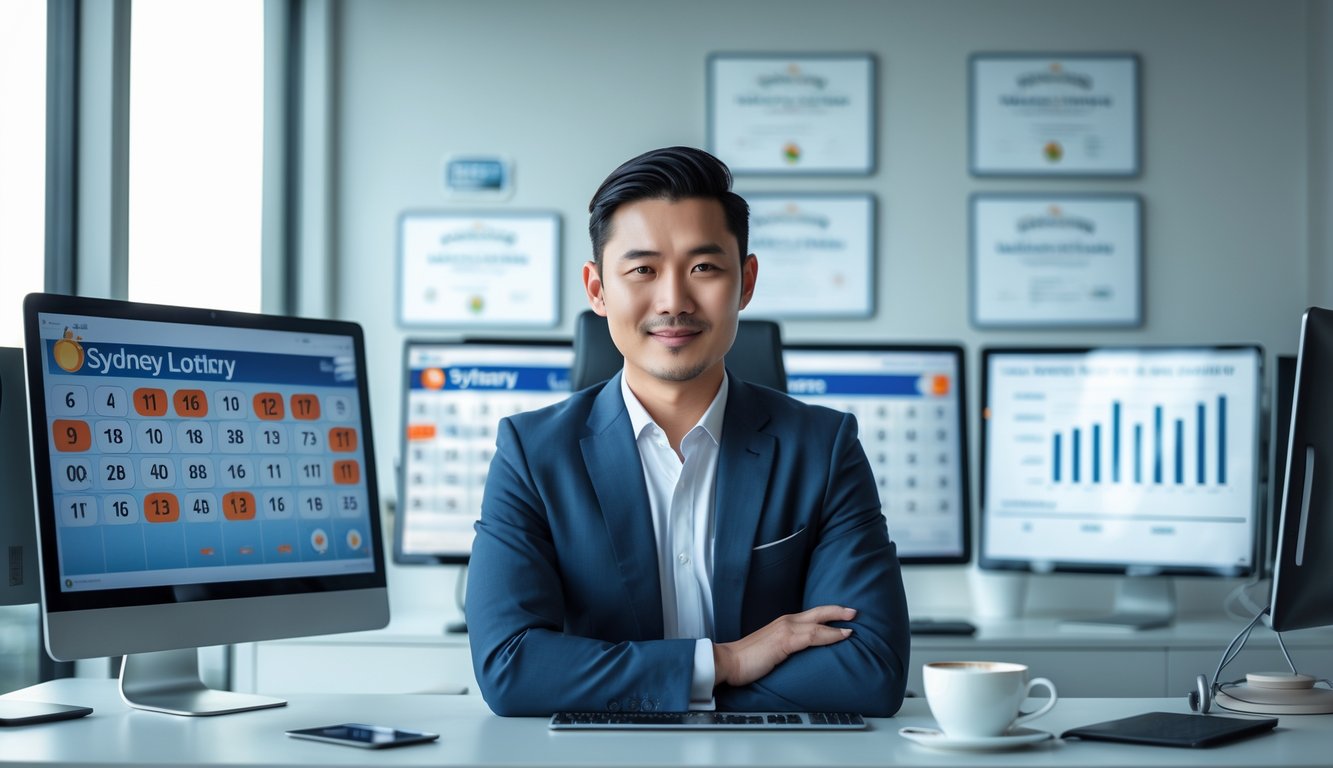 Seorang pria Asia duduk di meja kerja dengan beberapa monitor komputer yang menampilkan angka lotere dan grafik, di kantor yang rapi dan terang.