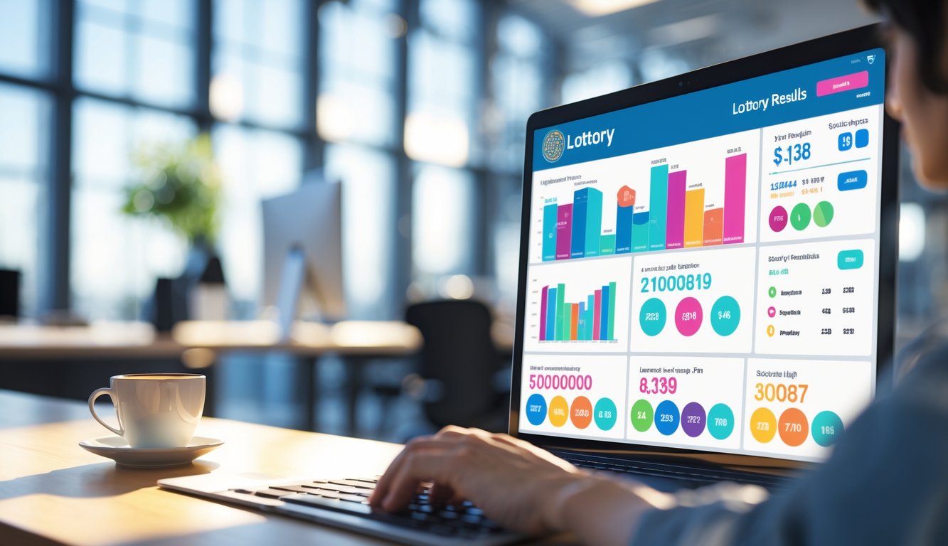 Suasana kantor modern dengan layar komputer menampilkan hasil togel Sydney hari ini dan tangan seseorang sedang mengetik di keyboard.