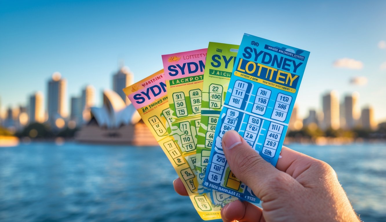 Tangan memegang beberapa tiket lotere berwarna dengan latar belakang cakrawala kota Sydney yang kabur.