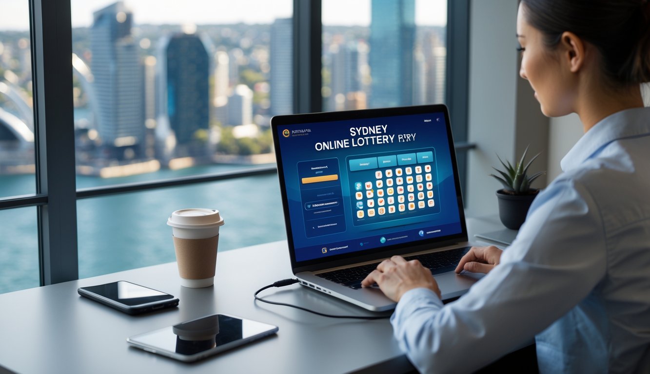 Seorang pria menggunakan laptop di meja kerja dengan pemandangan kota Sydney di latar belakang.