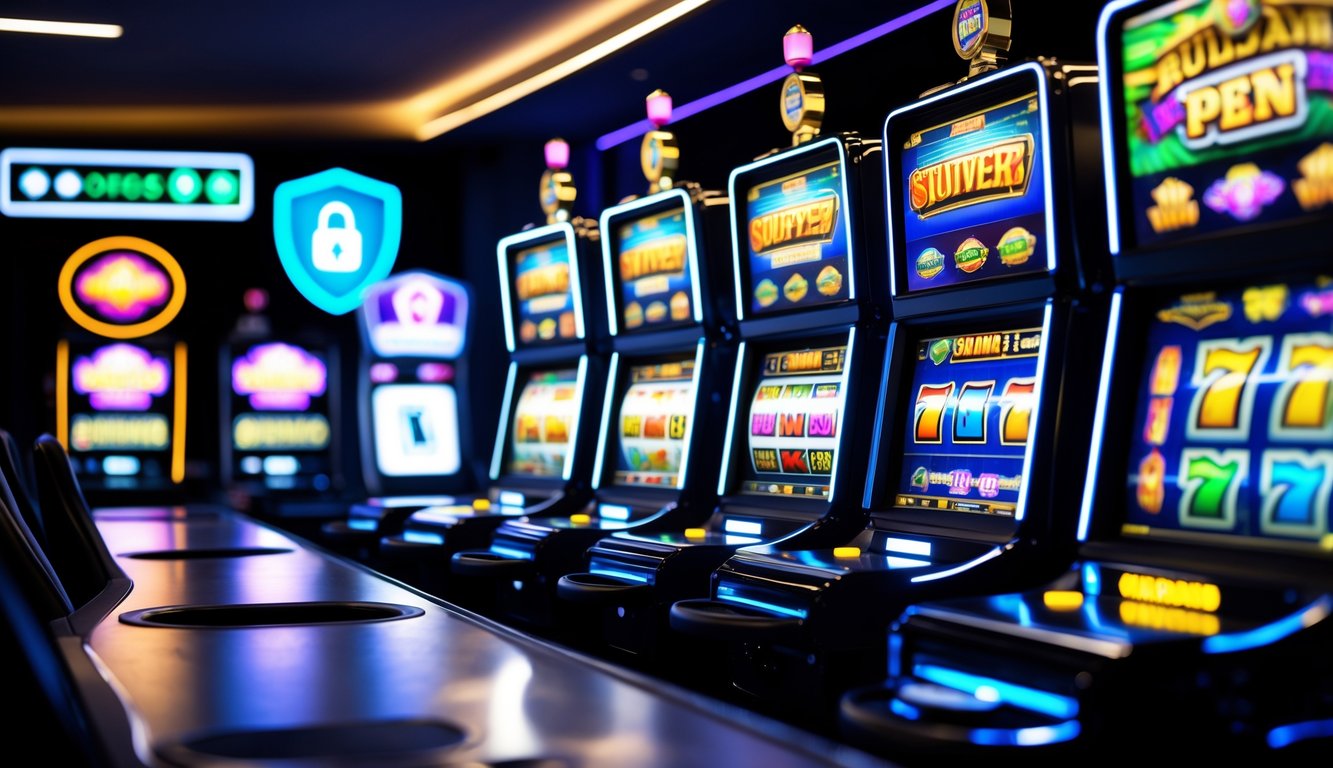 Tampilan beberapa mesin slot digital berwarna cerah di ruang permainan yang modern dan terang.