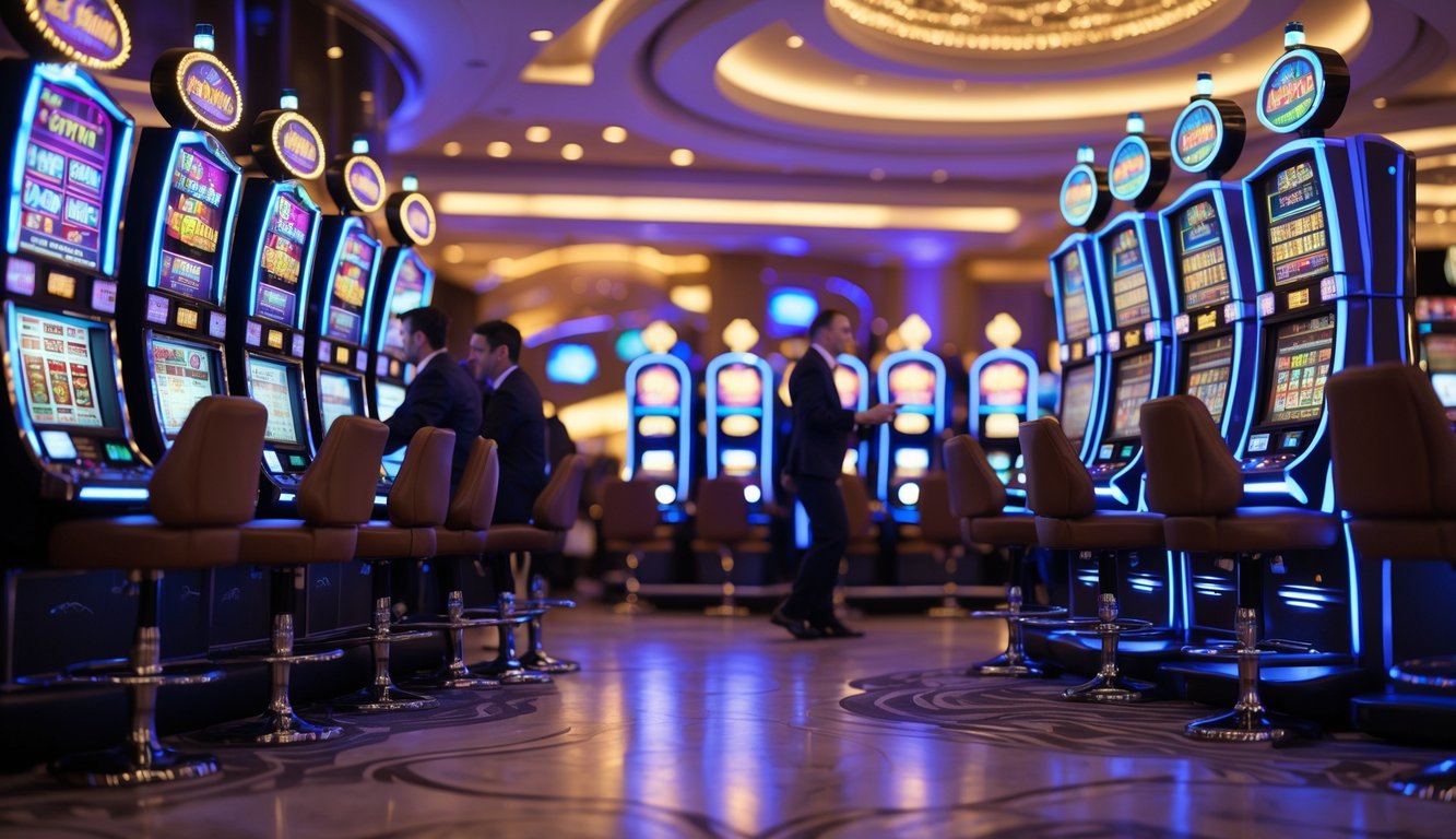 Suasana kasino dengan mesin slot modern yang menyala dan orang-orang sedang bermain dengan antusias.