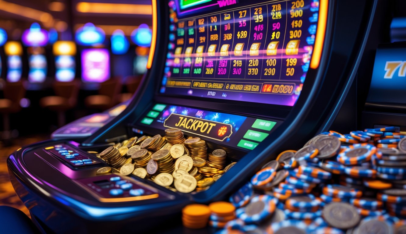 Mesin slot di kasino dengan jackpot besar yang menyala dan koin serta chip yang tumpah dari tempat pembayaran.