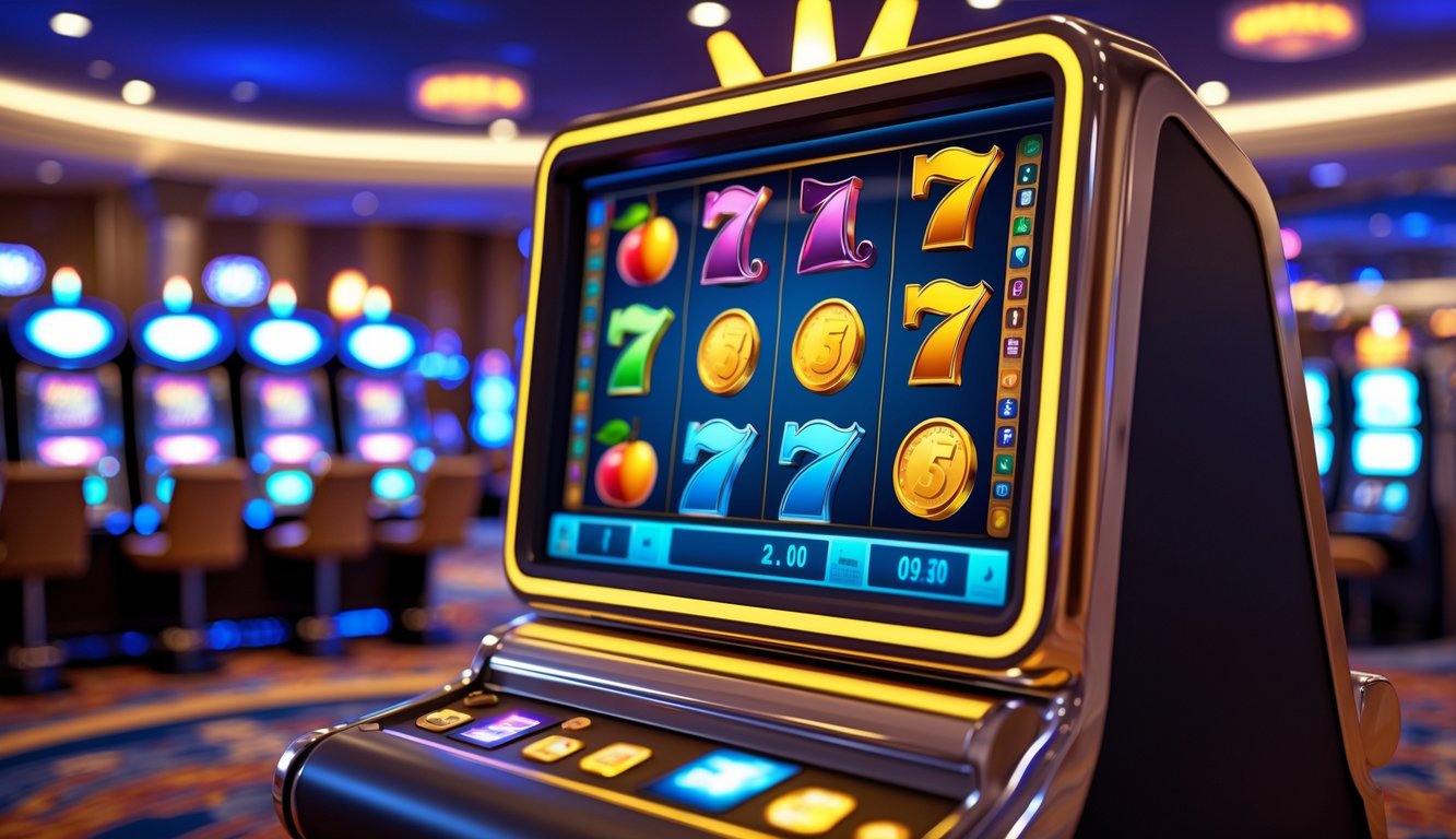 Mesin slot modern dengan layar berwarna cerah menampilkan gulungan yang berputar di dalam kasino.