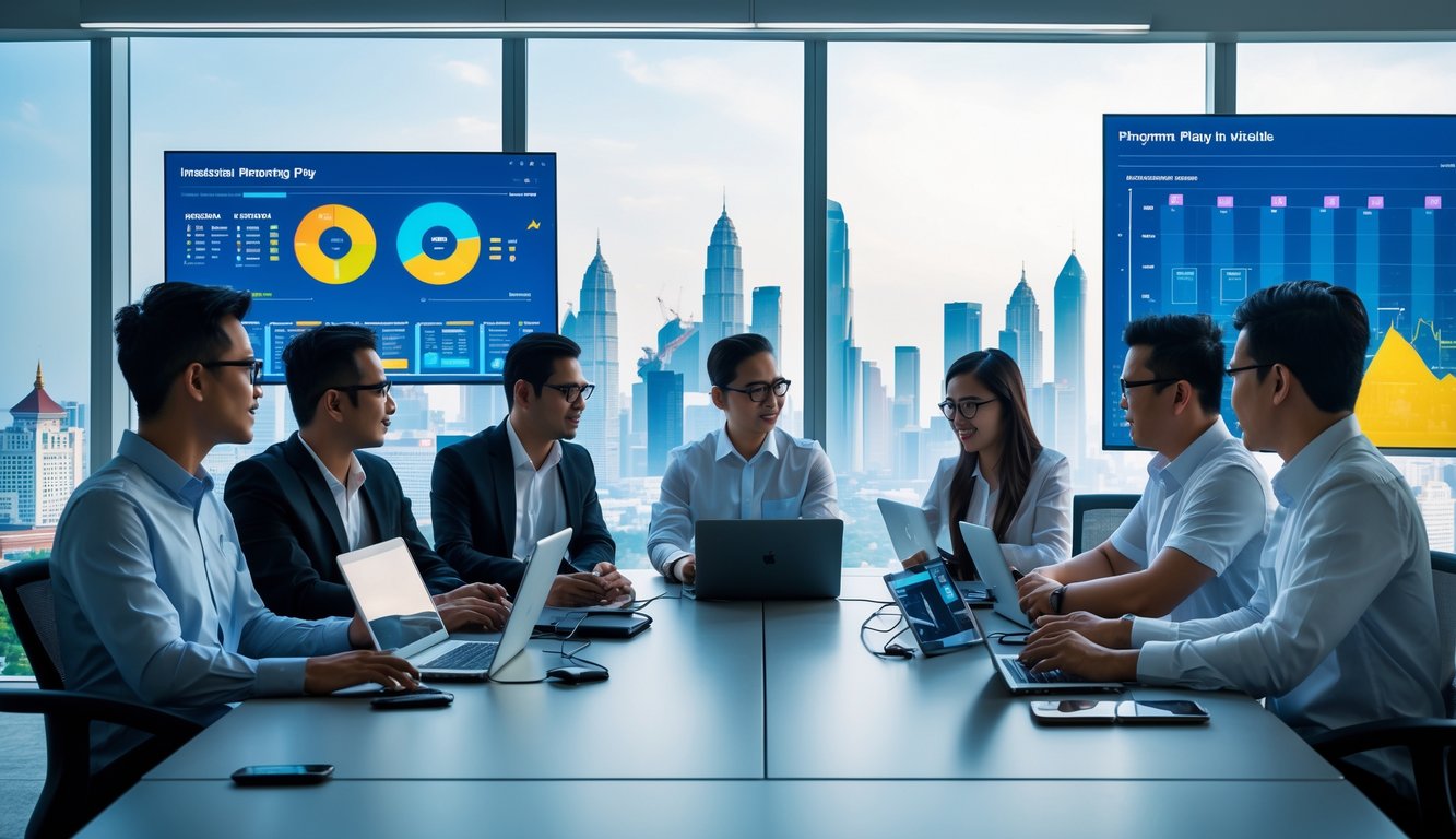 Sekelompok profesional Indonesia bekerja bersama di kantor modern dengan pemandangan kota di latar belakang.