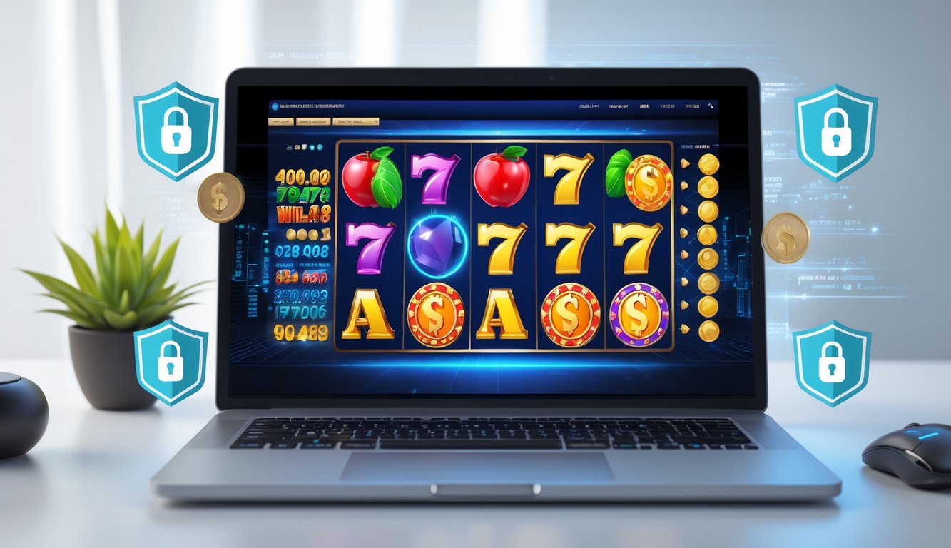 Layar komputer menampilkan permainan slot online dengan simbol warna-warni dan elemen yang menunjukkan keamanan dan kepercayaan.