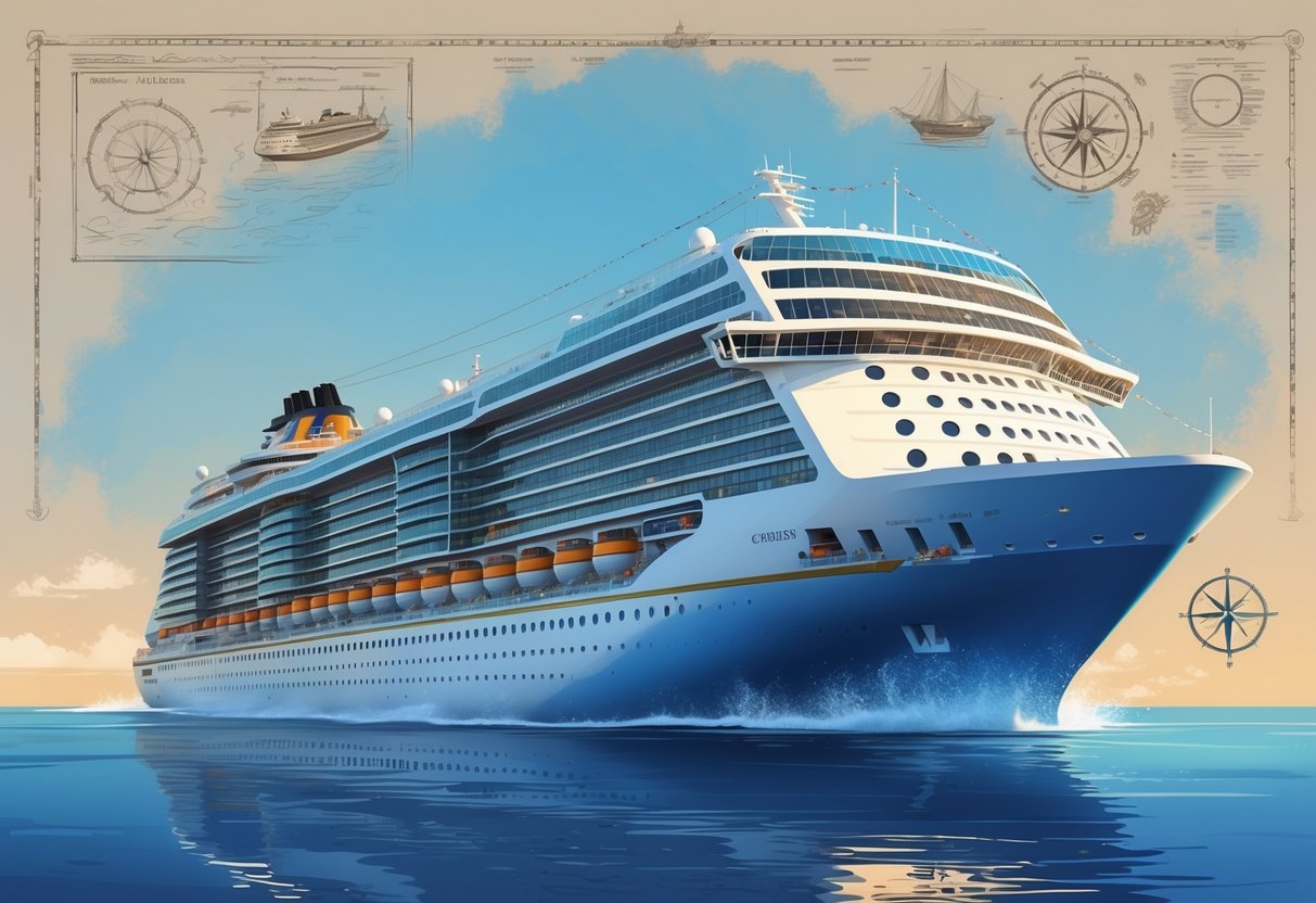 Gambaran kapal pesiar Allure of the Seas yang besar berlayar di laut dengan latar belakang elemen sejarah maritim.