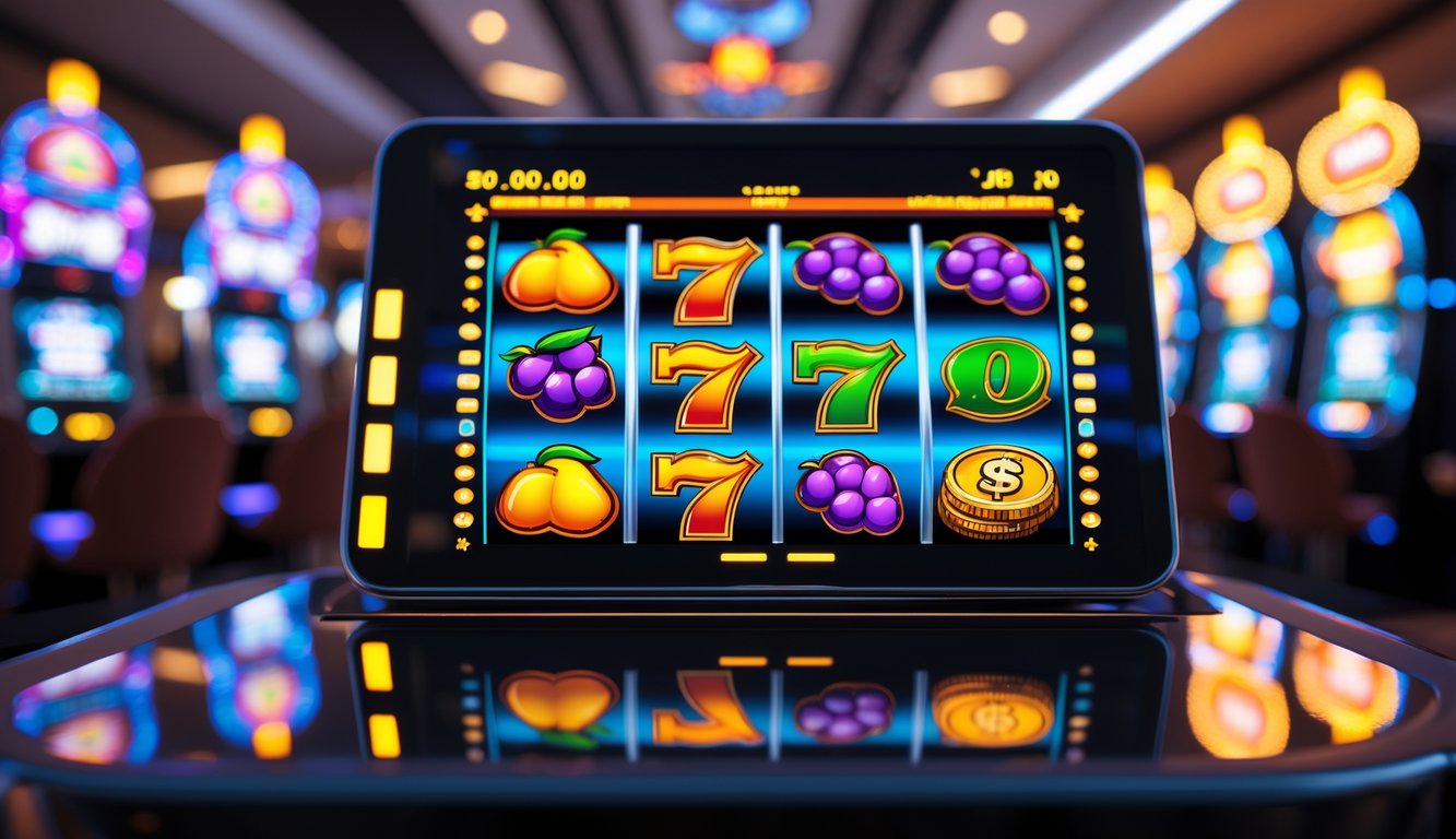 Mesin slot digital modern dengan simbol warna-warni di layar sentuh dalam suasana kasino yang terang dan ramai.