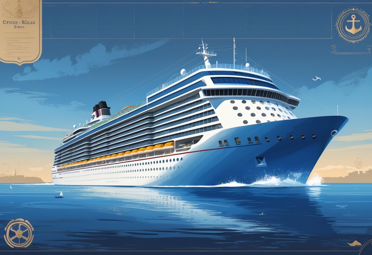 Gambaran kapal pesiar Allure of the Seas yang besar dan mewah berlayar di laut dengan fasilitas seperti kolam renang dan area santai terlihat di atas kapal.