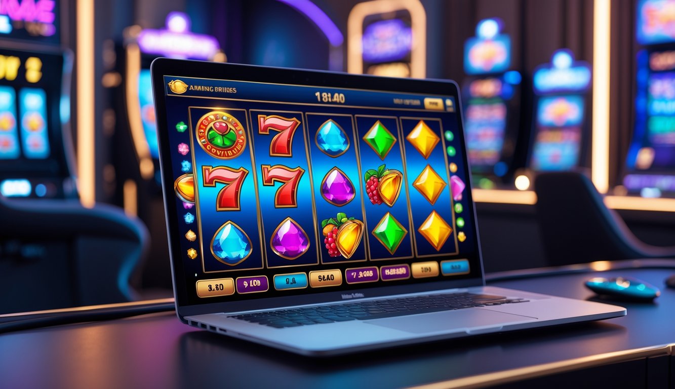 Sebuah ruangan permainan modern dengan layar komputer menampilkan permainan slot yang berwarna-warni dan menarik.