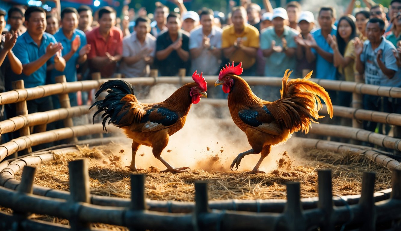 Dua ayam jantan sedang bertarung di arena dikelilingi oleh kerumunan penonton yang antusias.