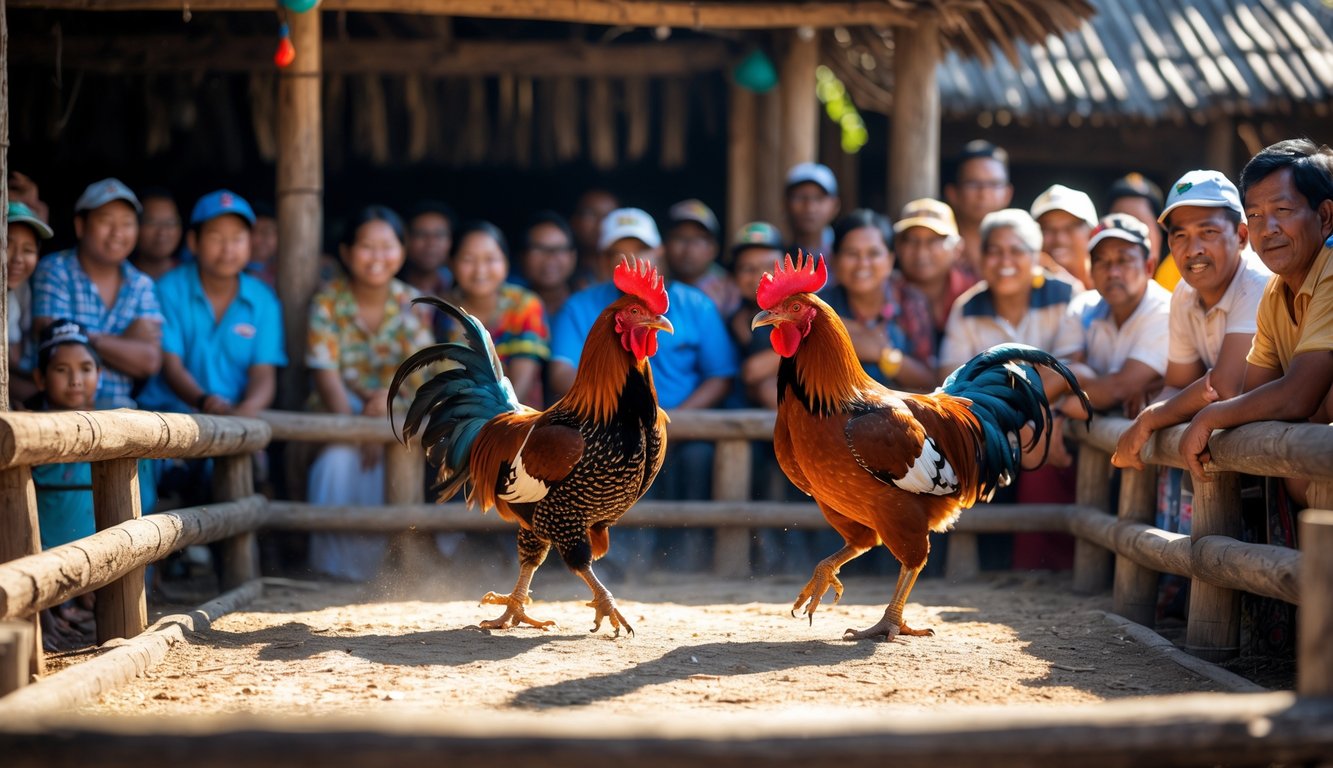 Dua ayam jantan sedang bertarung di arena kayu dengan penonton yang antusias mengelilingi mereka.
