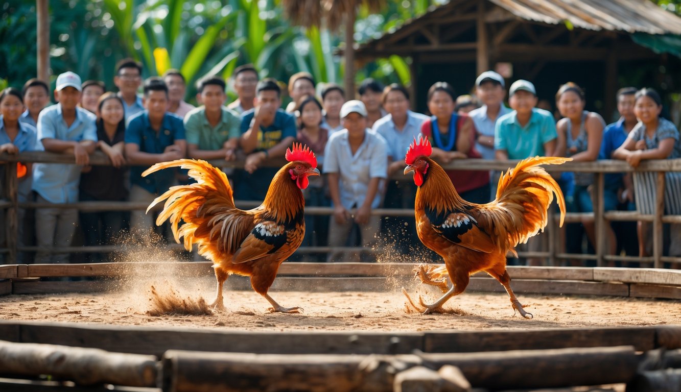 Arena sabung ayam tradisional dengan dua ayam jantan bertarung dan penonton yang antusias di sekitarnya.
