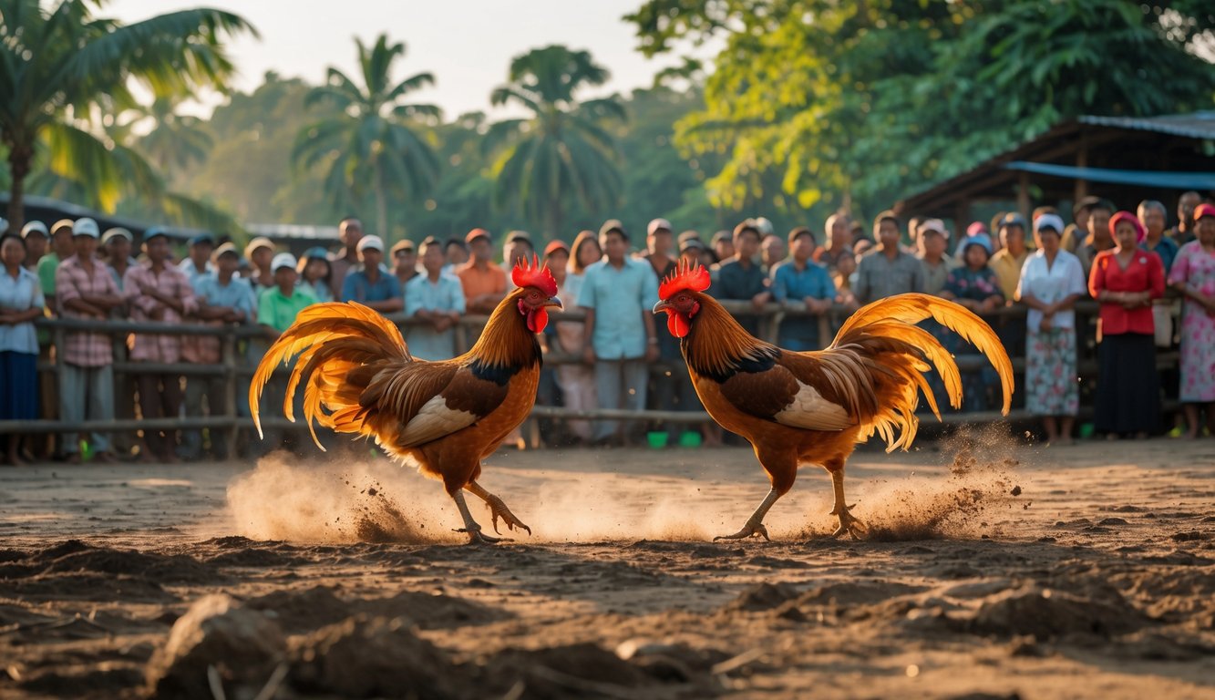 Dua ayam jago sedang bertarung di arena terbuka dengan penonton mengelilingi di latar belakang.