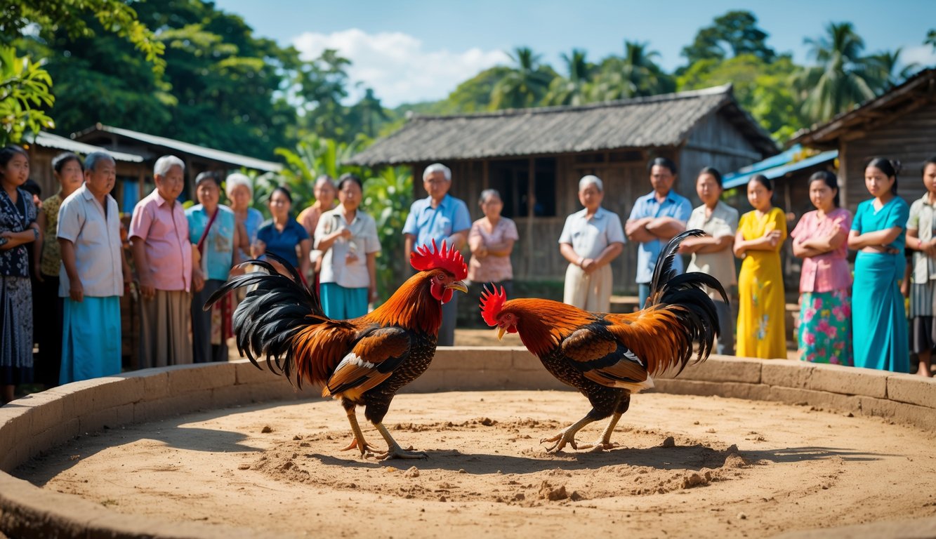 Dua ayam jago sedang bertarung di arena tanah dikelilingi penonton di desa dengan latar pohon hijau dan rumah kayu.