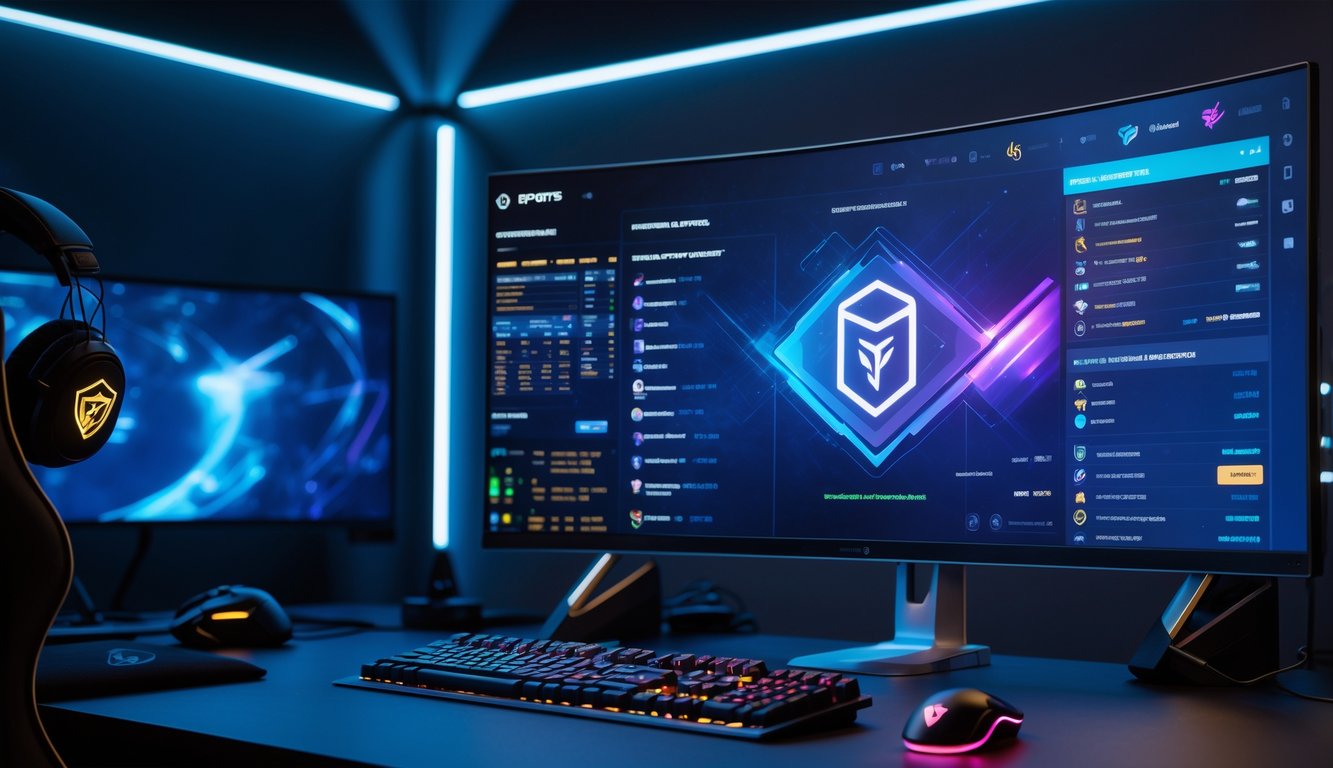 Sebuah ruangan gaming modern dengan monitor menampilkan jadwal turnamen e-sports secara real-time dan perlengkapan gaming di meja.
