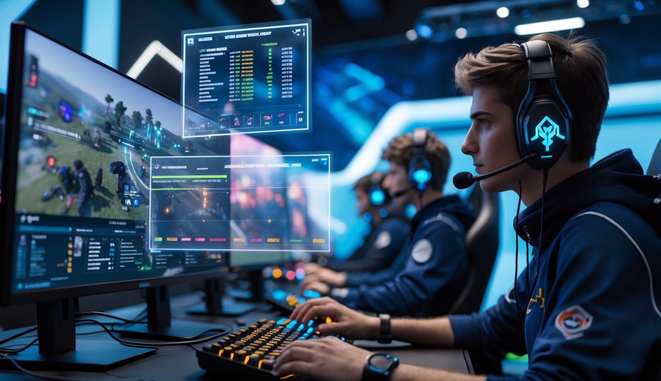 Para pemain e-sports sedang bermain dalam ruangan dengan layar transparan menampilkan statistik pertandingan secara akurat.