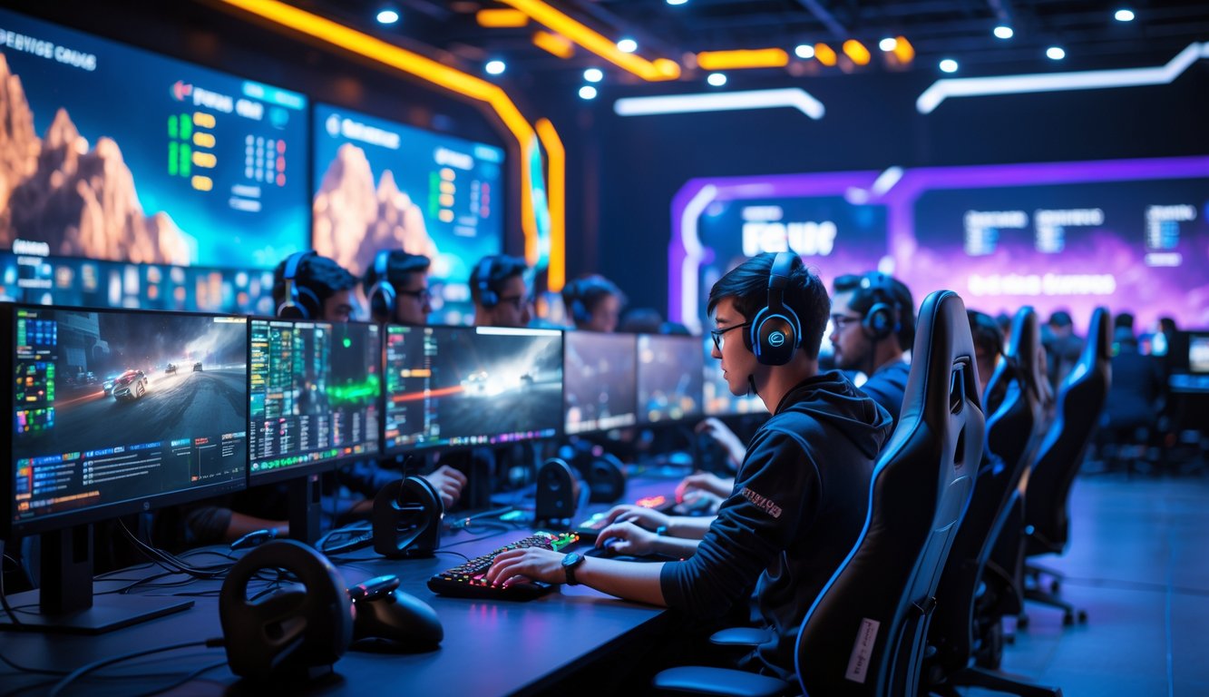 Sekelompok pemain e-sports sedang bermain game online di arena dengan komputer gaming dan layar besar di latar belakang.