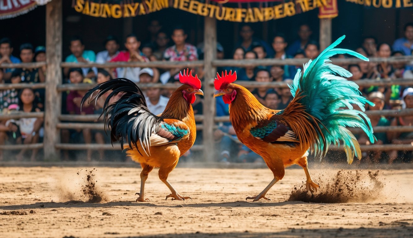 Pertarungan dua ayam jago dengan bulu warna-warni di arena terbuka yang dikelilingi oleh kerumunan penonton.