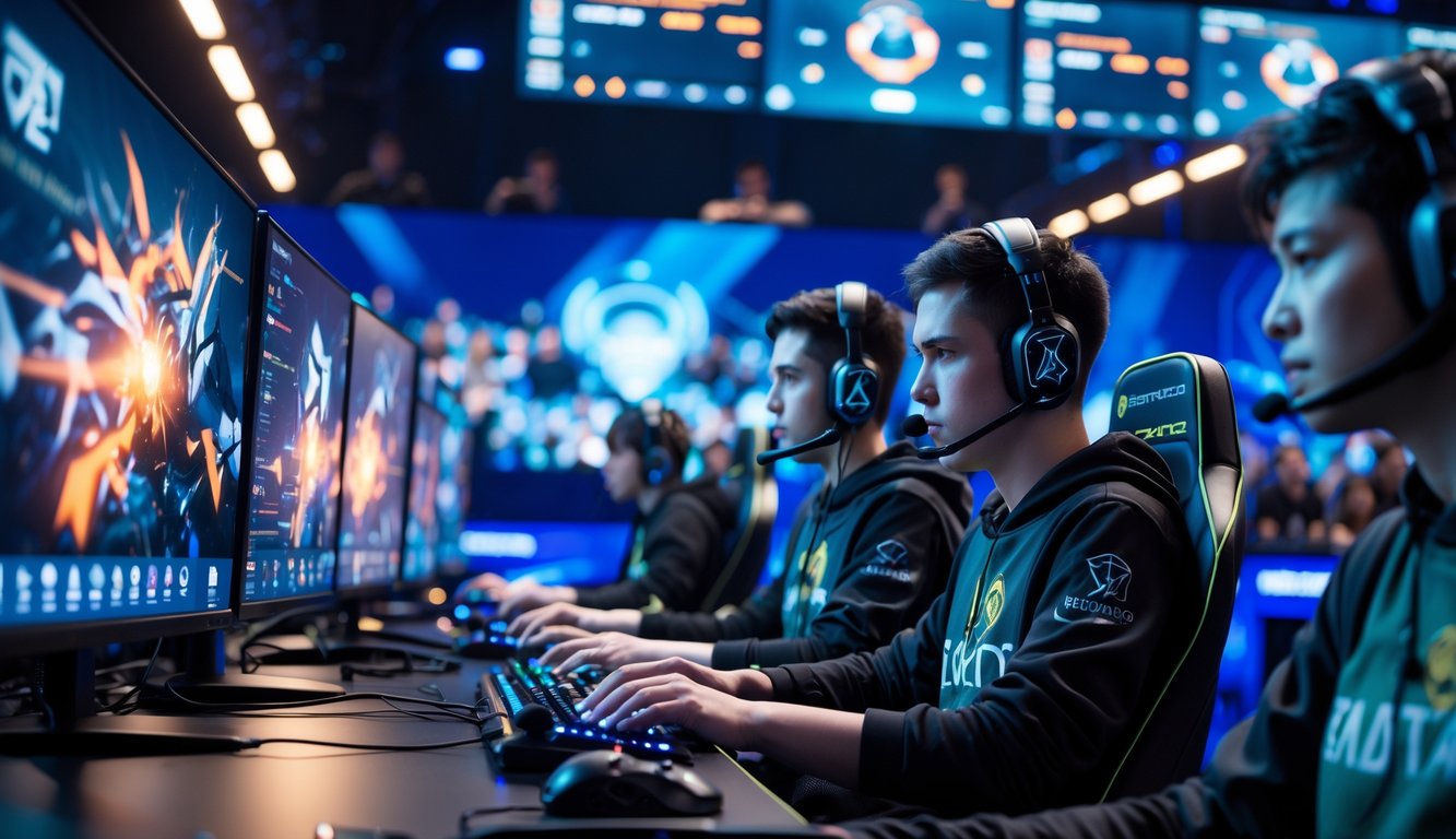 Beberapa pemain e-sports sedang bermain dalam kompetisi online dengan layar yang menampilkan skor langsung dan suasana kompetitif.