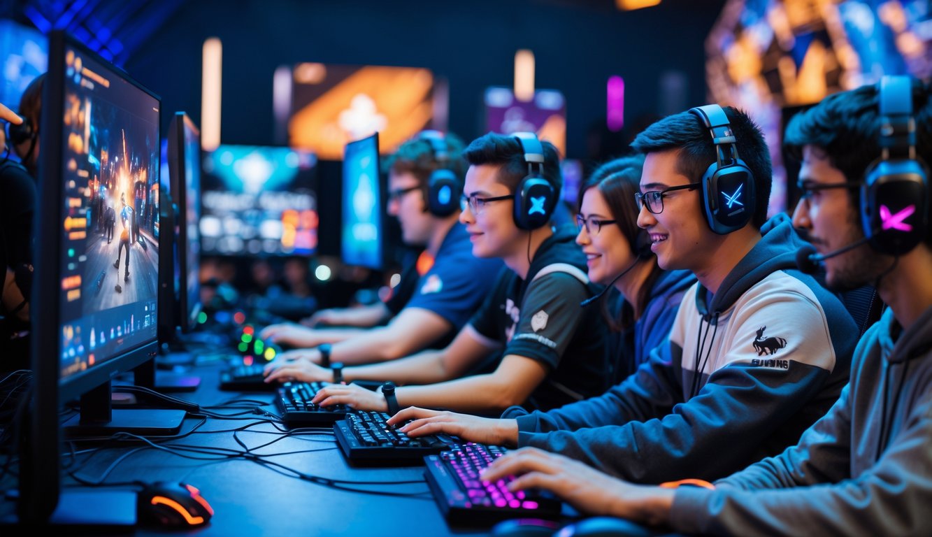 Sekelompok pemain e-sports sedang bermain game online dengan berbagai mode pertandingan di ruang gaming modern.