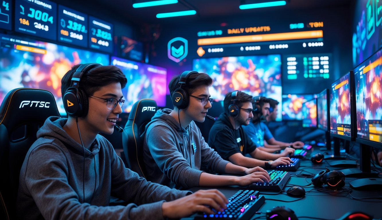 Sekelompok orang muda bermain game secara intens dalam turnamen e-sports dengan layar dan peralatan gaming di ruangan modern.