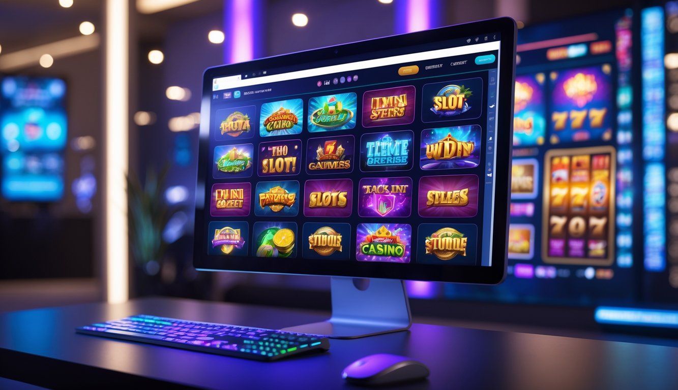 Tampilan layar komputer modern menampilkan berbagai permainan slot warna-warni di ruangan yang terang dan rapi.
