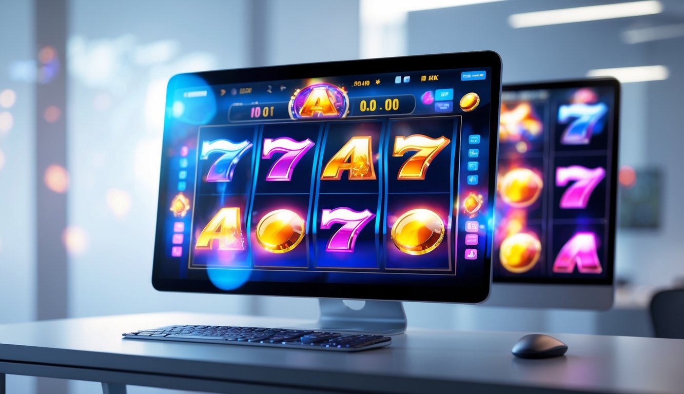 Tampilan layar komputer yang menampilkan permainan slot online dengan grafis warna-warni yang jelas dan dinamis.