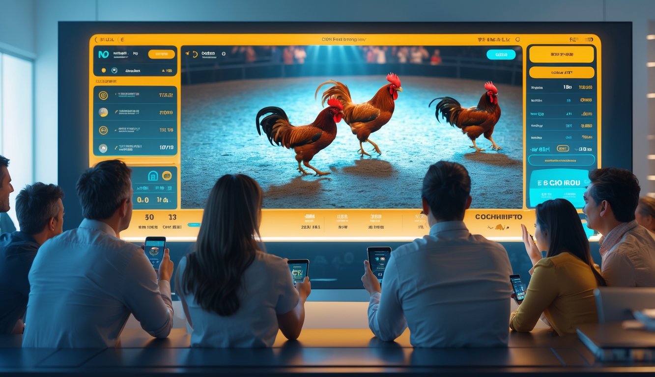 Orang-orang menonton dan berinteraksi dengan platform sabung ayam online modern yang menampilkan arena sabung ayam secara langsung.