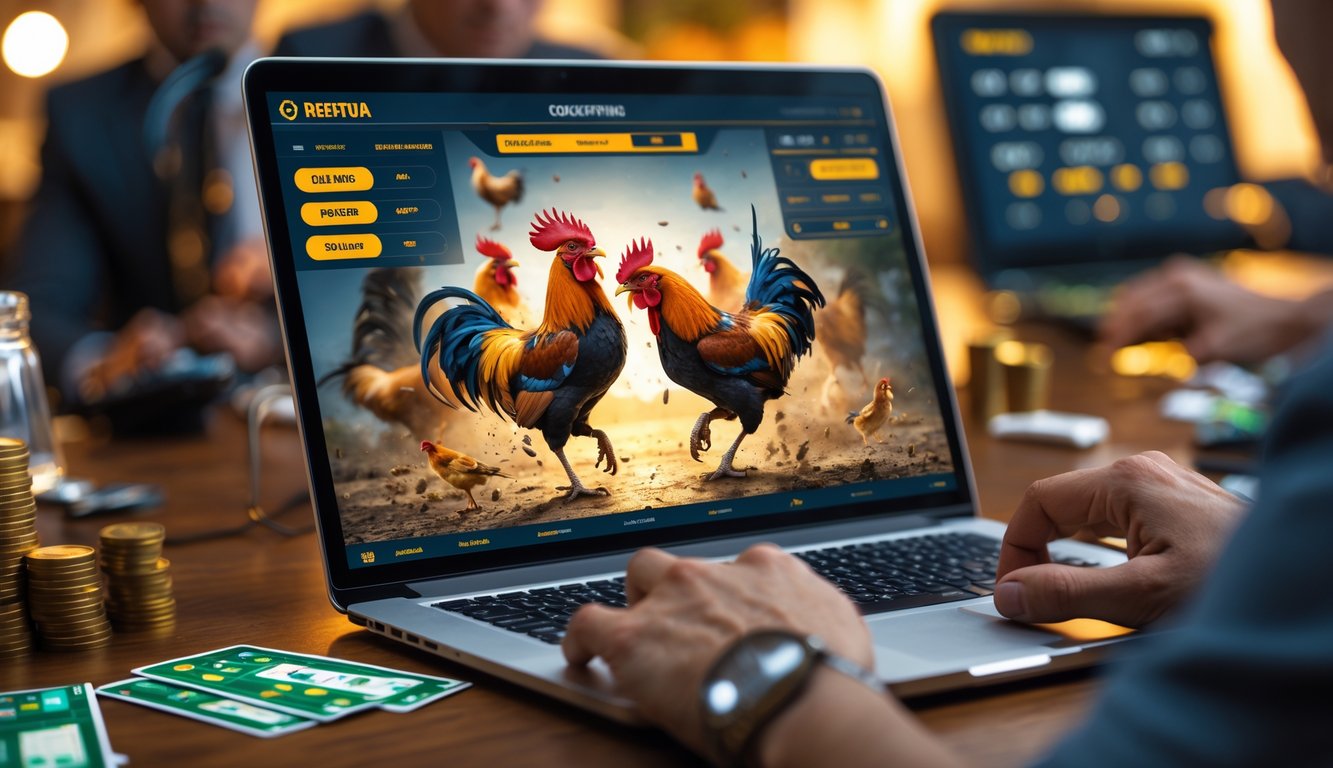 Layar komputer menampilkan pertarungan ayam aduan online yang seru dengan tangan yang sedang mengoperasikan perangkat tersebut.
