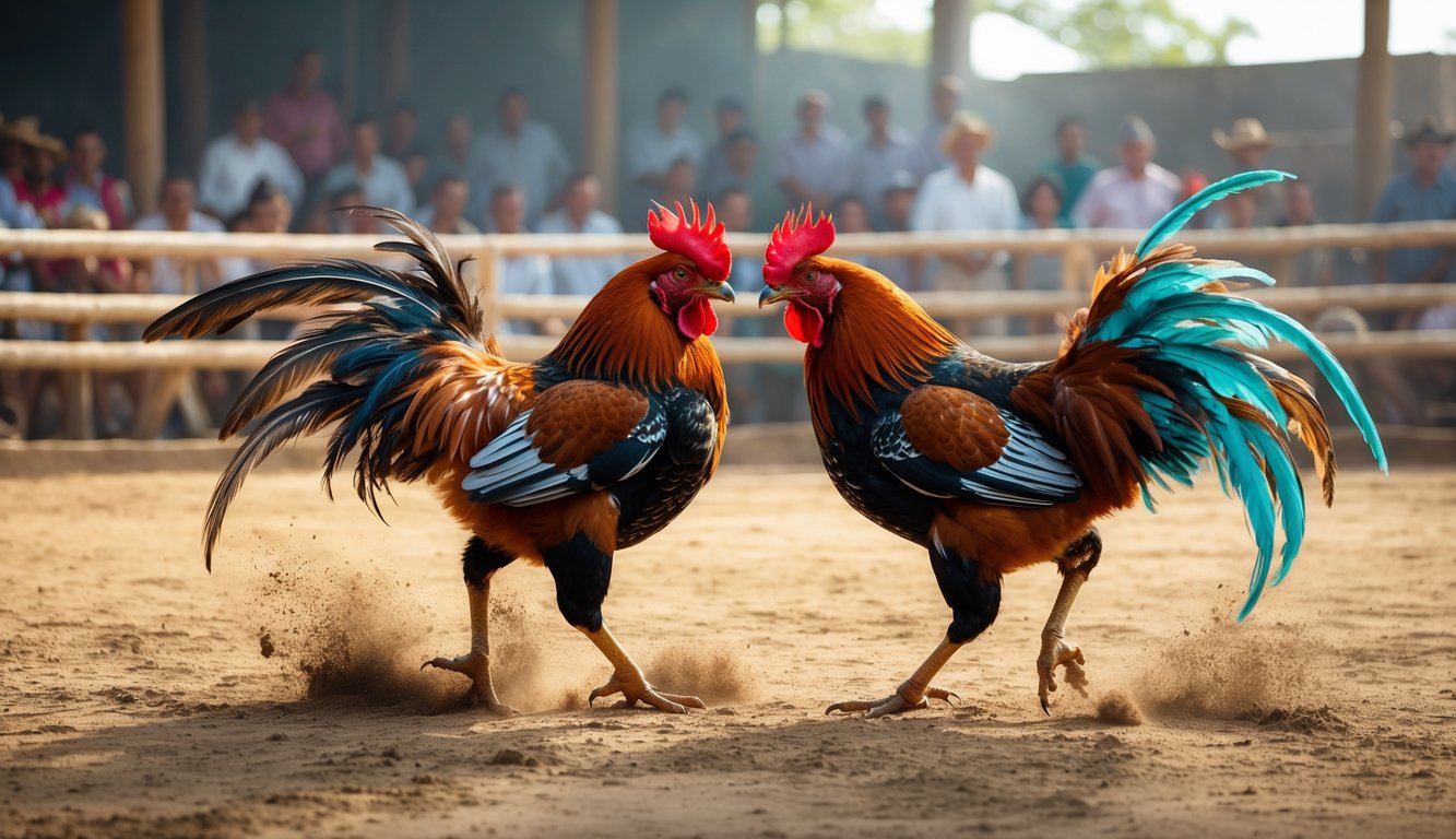 Dua ayam jago sedang bertarung di arena dengan penonton yang memperhatikan.