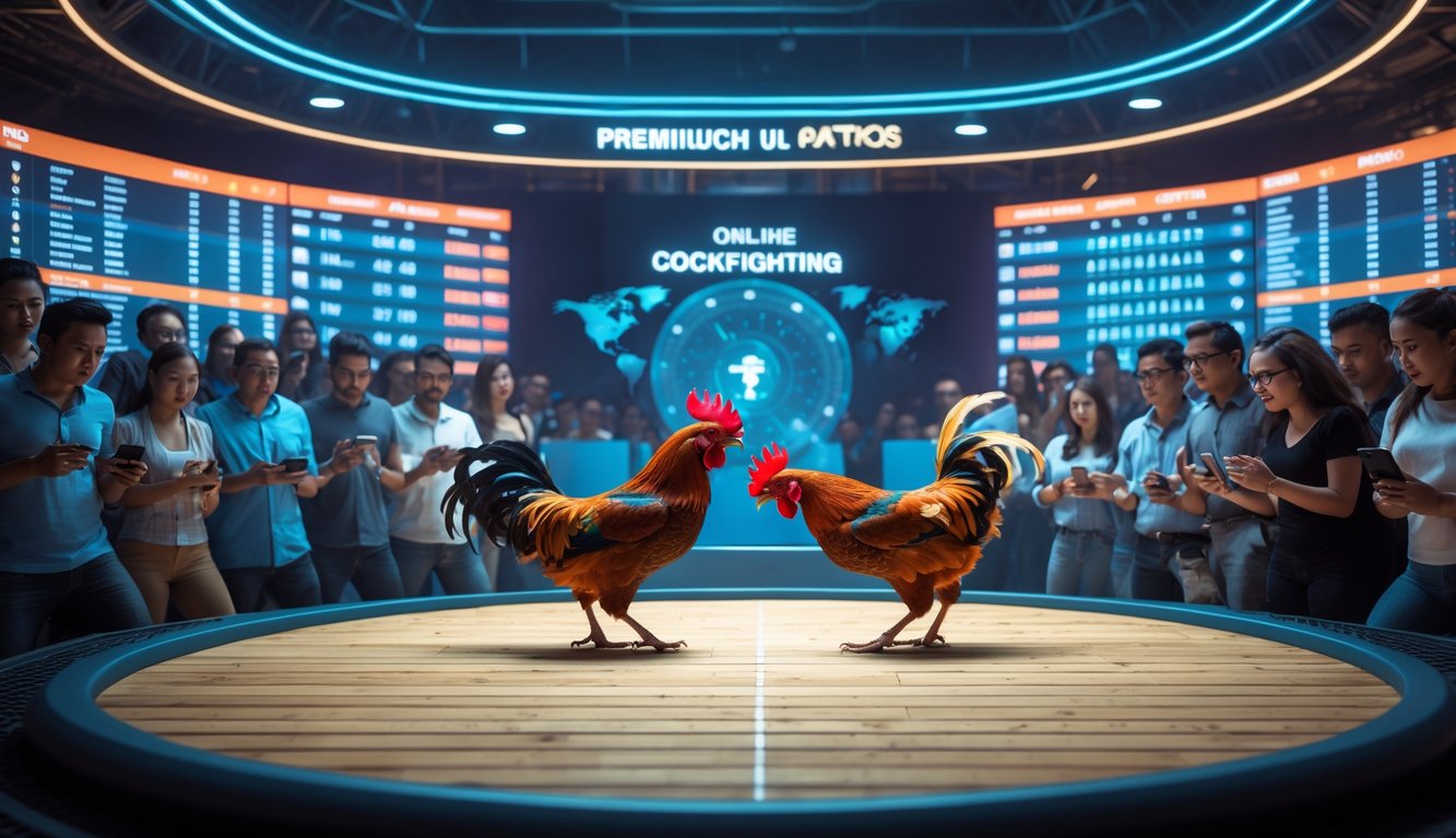Dua ayam jago bertarung di arena melingkar dengan penonton yang mengamati dan menggunakan perangkat digital.
