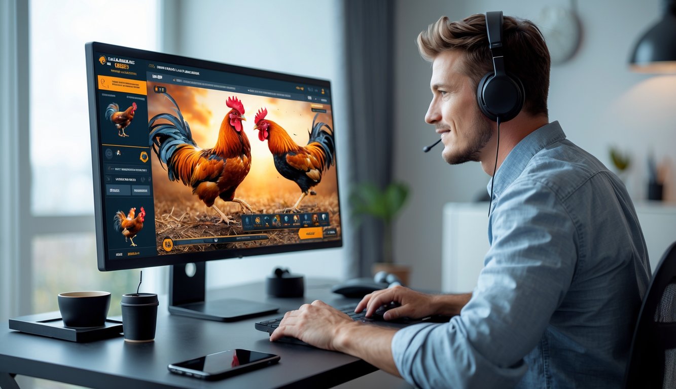 Seorang pria muda sedang menonton pertandingan sabung ayam secara online di depan komputer dengan tampilan video streaming yang jelas dan stabil.