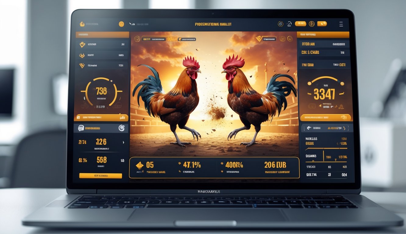 Layar komputer menampilkan permainan sabung ayam online dengan dua ayam bertarung dan statistik pertarungan yang detail.