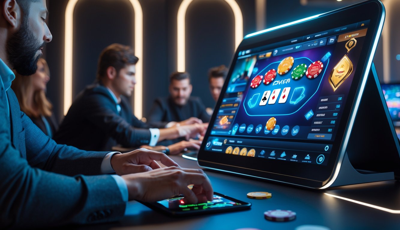 Sebuah layar komputer menampilkan permainan poker online dengan kartu dan chip, dikelilingi oleh beberapa tangan pemain yang sedang bermain secara real-time.
