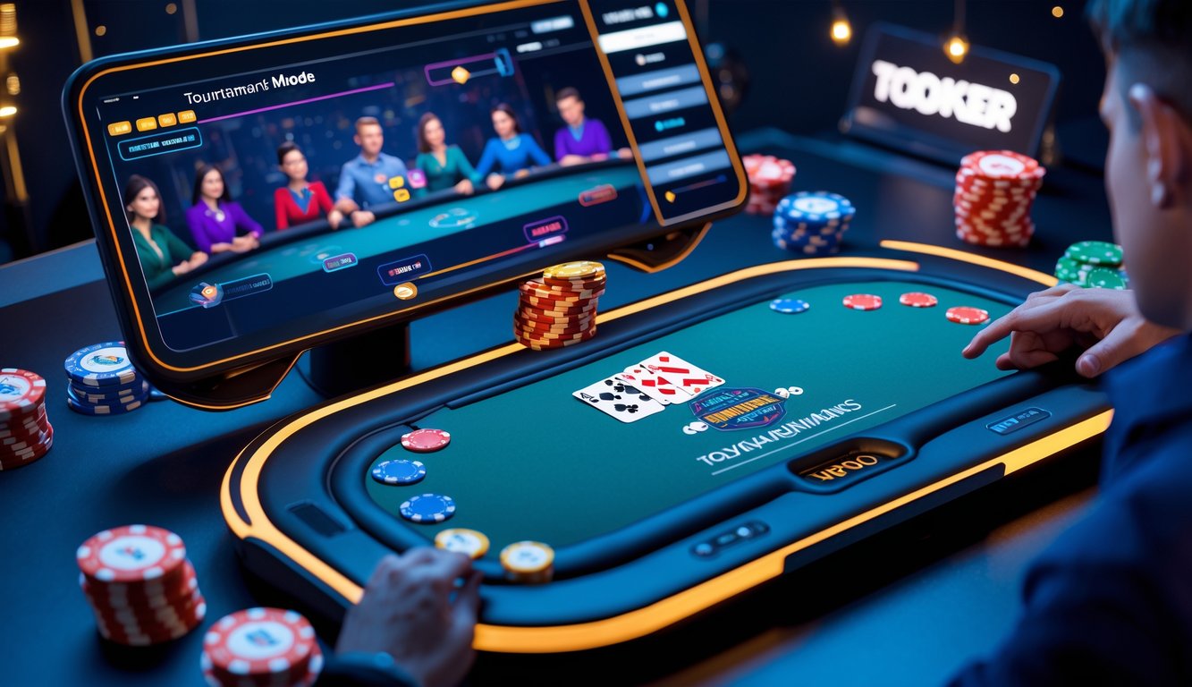 Suasana permainan poker online dengan meja poker virtual, chip, kartu, dan avatar pemain dalam mode turnamen.