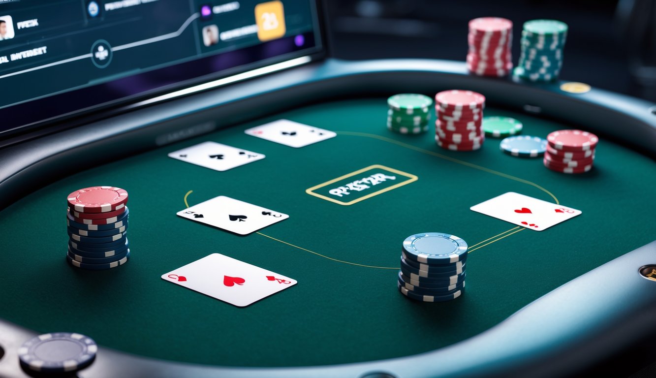 Tampilan meja poker online interaktif dengan kartu dan chip poker di layar komputer.