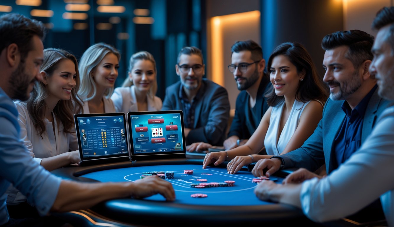 Sekelompok orang sedang bermain poker online dengan fokus di depan layar komputer dalam ruangan modern.