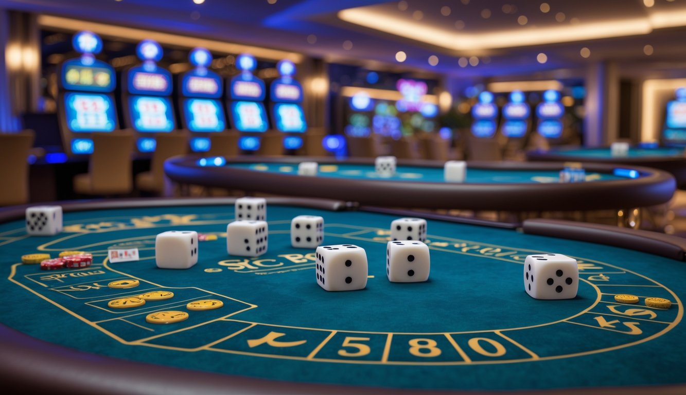 Tampilan antarmuka digital dengan beberapa meja permainan Sic Bo dan dadu, menggambarkan suasana kasino modern yang mewah.