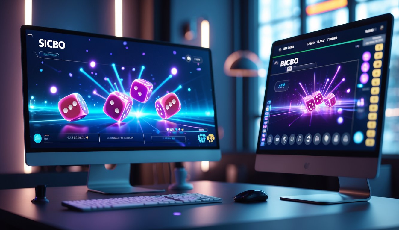 Sebuah platform Sicbo online modern menampilkan dadu yang sedang bergulir secara real-time di layar komputer dan ponsel dalam lingkungan permainan yang futuristik.