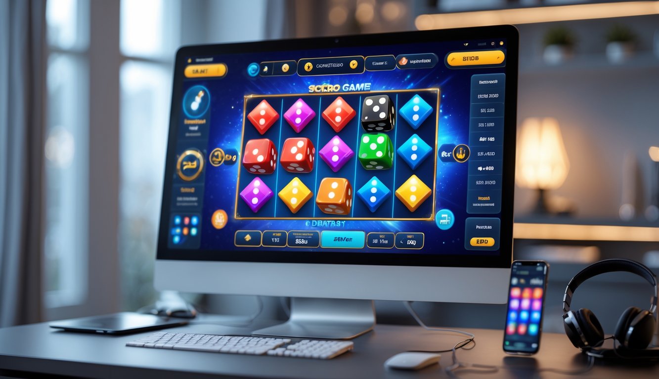 Tampilan layar komputer dengan permainan Sicbo online interaktif dan berbagai mode permainan dalam ruang kerja rumah yang modern.