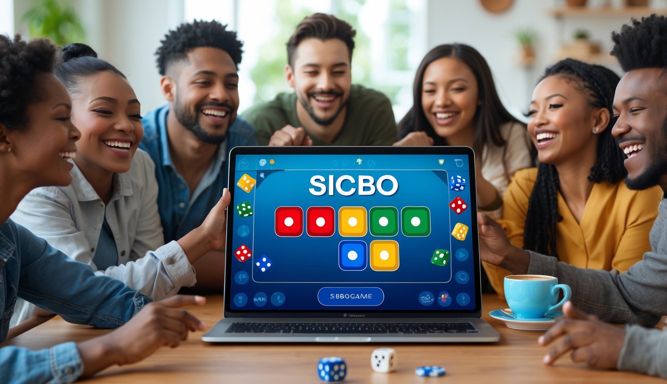 Orang-orang yang sedang bermain permainan Sicbo online dengan perangkat digital di meja kayu di rumah.