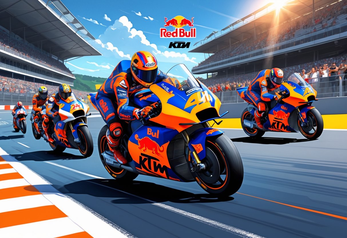 Ilustrasi tim MotoGP Red Bull KTM dengan motor balap berwarna oranye dan biru di lintasan, latar belakang menampilkan garis waktu sejarah tim dan penggemar di tribun.