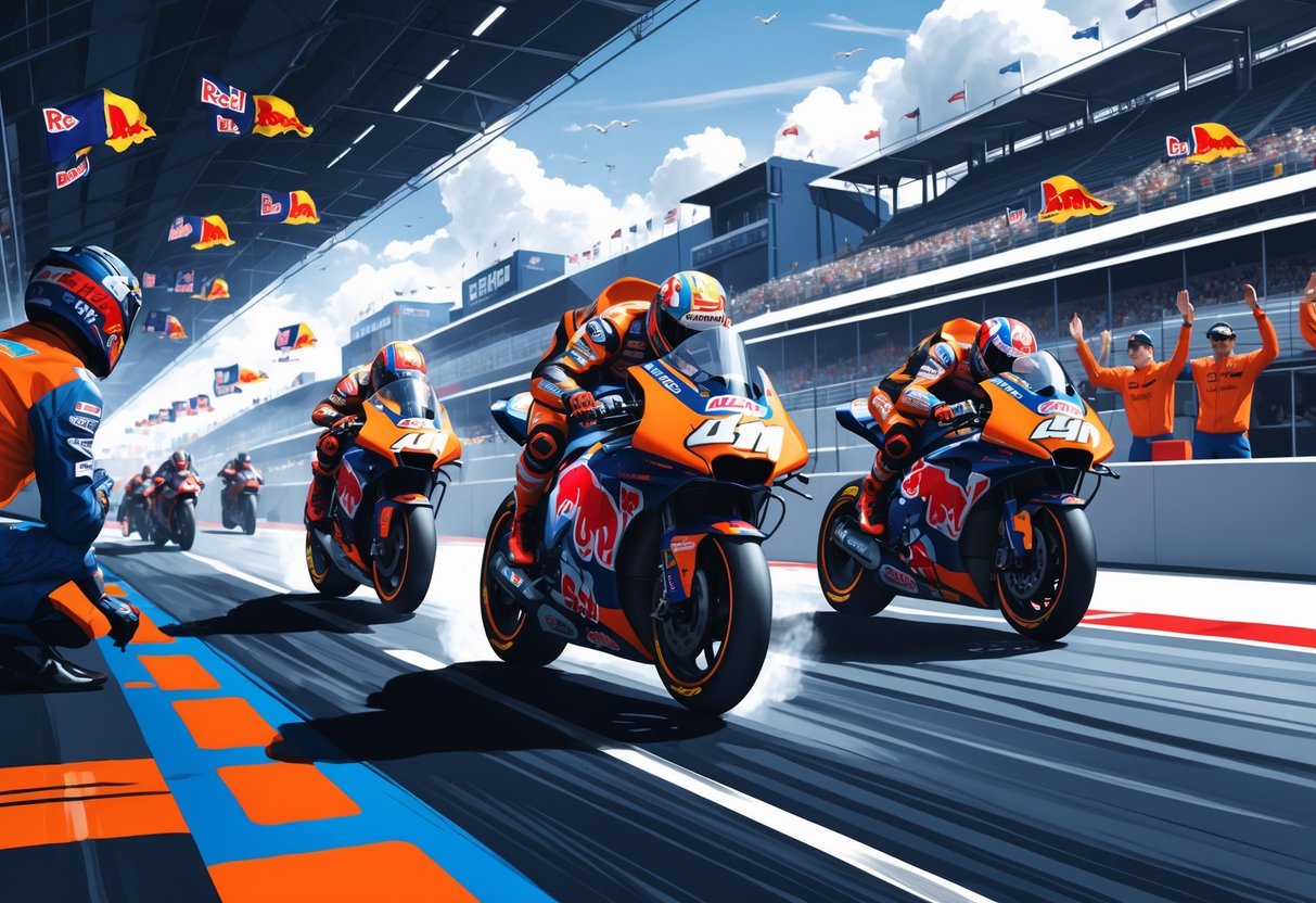 Ilustrasi tim MotoGP REDBULL KTM dengan motor balap melaju di lintasan, kru pit bekerja, dan penonton bersorak di latar belakang.