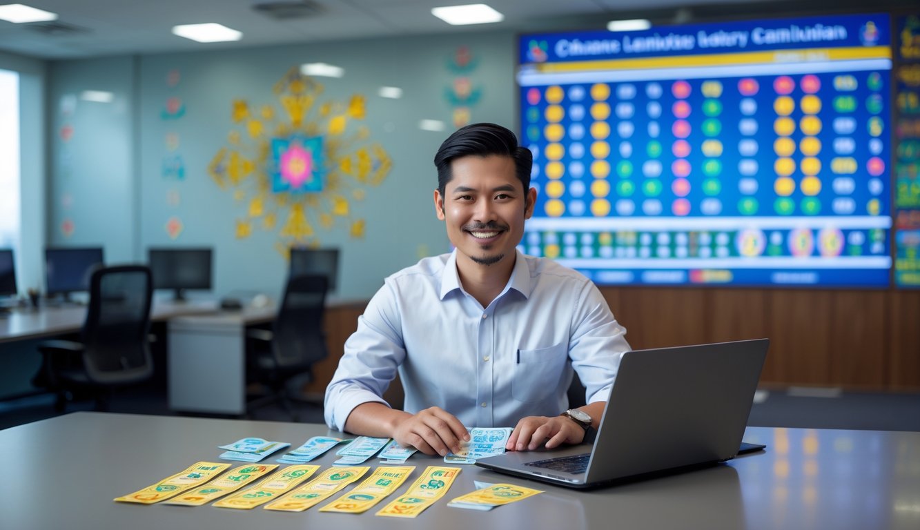 Seorang pria Asia Tenggara duduk di meja dengan laptop dan tiket lotre di kantor modern yang terang dan rapi, dengan layar digital menampilkan angka lotre di latar belakang.